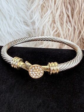 Vintage aged Goldtone Silvertone Twisted Cable Bracelet with Bling Accents